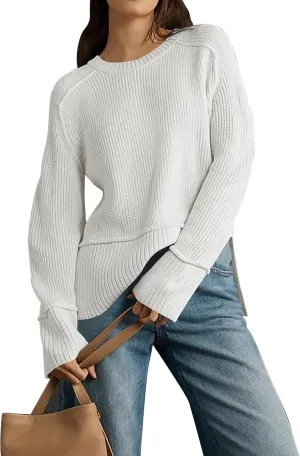 Cakulo Womens Fall 2024 Knit Crew Neck Pullover Sweaters Oversized Long Sleeve Split Casual Winter Ribbed Sweater