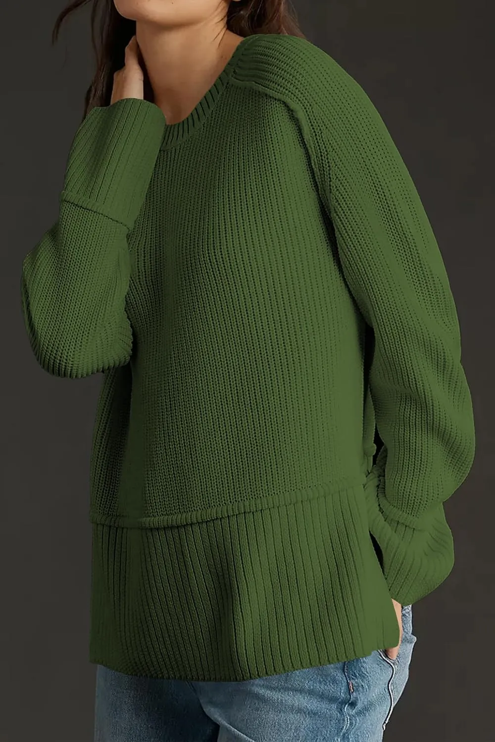 Cakulo Womens Fall 2024 Knit Crew Neck Pullover Sweaters Oversized Long Sleeve Split Casual Winter Ribbed Sweater
