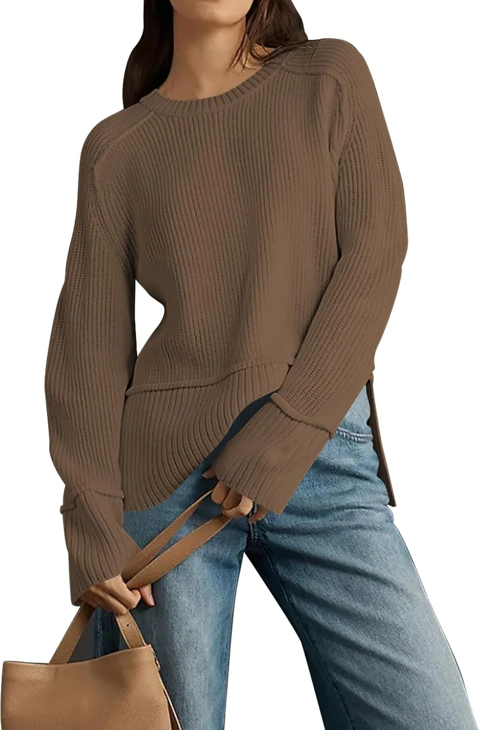 Cakulo Womens Fall 2024 Knit Crew Neck Pullover Sweaters Oversized Long Sleeve Split Casual Winter Ribbed Sweater