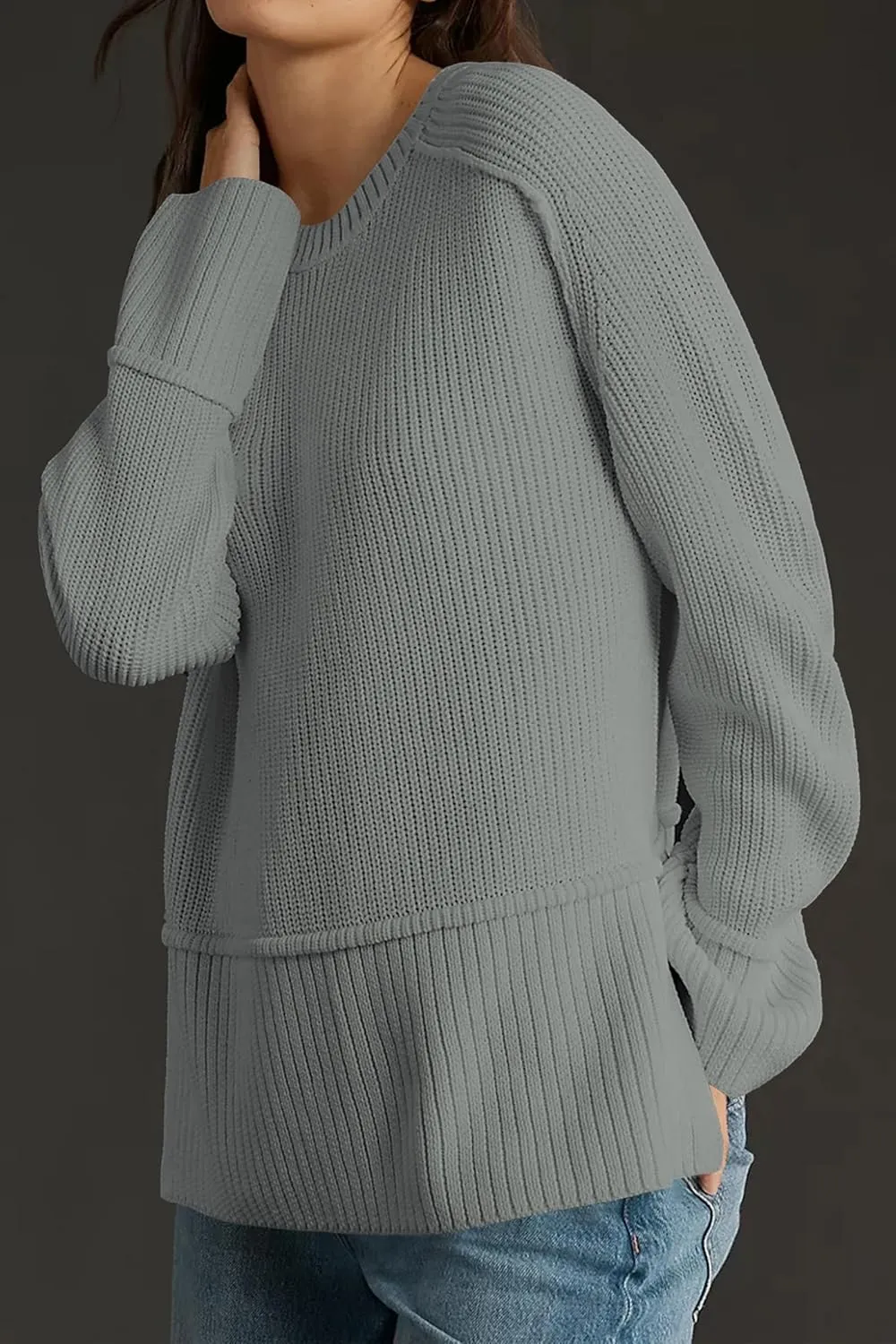 Cakulo Womens Fall 2024 Knit Crew Neck Pullover Sweaters Oversized Long Sleeve Split Casual Winter Ribbed Sweater