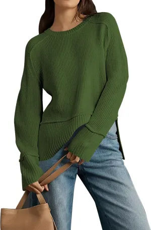 Cakulo Womens Fall 2024 Knit Crew Neck Pullover Sweaters Oversized Long Sleeve Split Casual Winter Ribbed Sweater