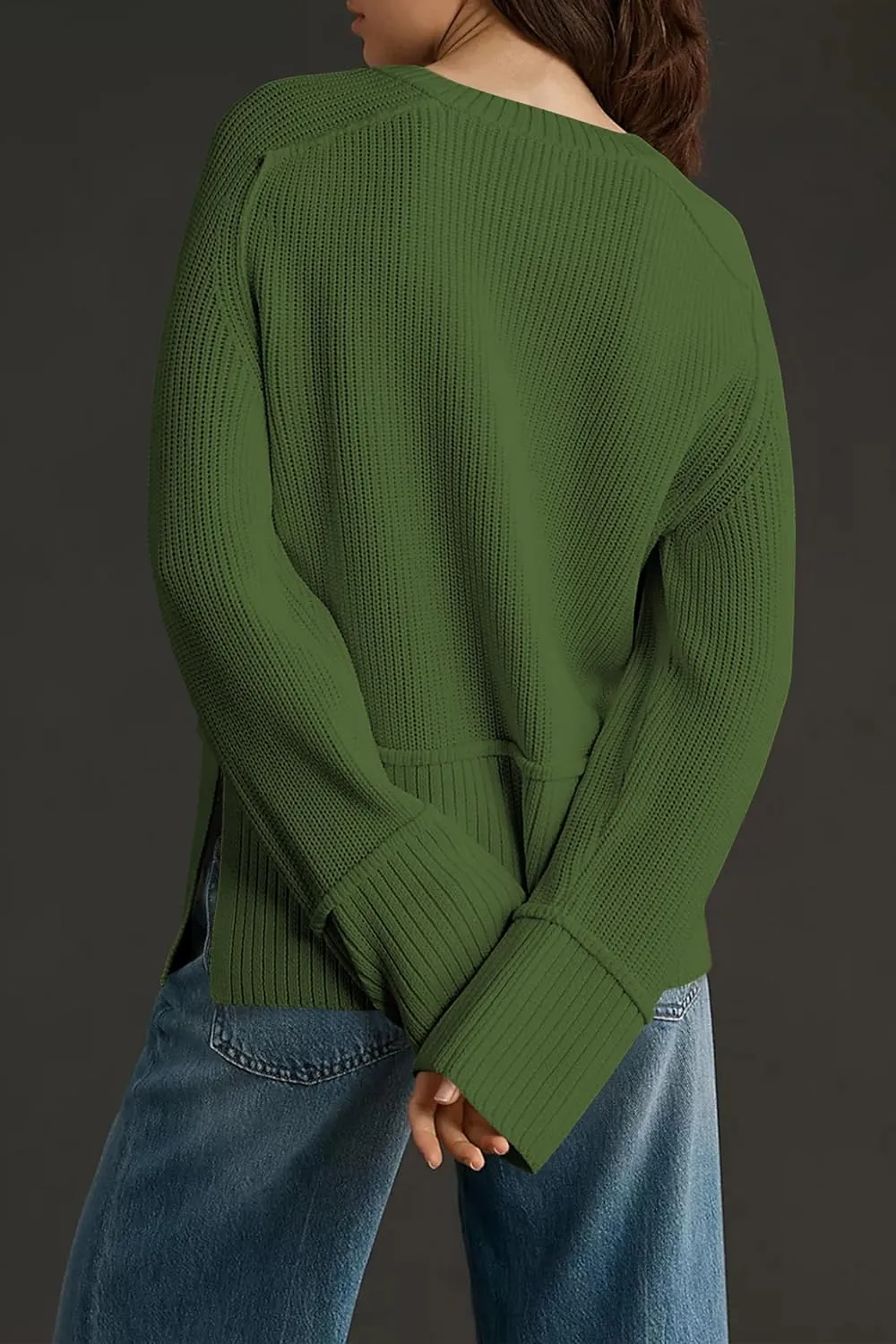 Cakulo Womens Fall 2024 Knit Crew Neck Pullover Sweaters Oversized Long Sleeve Split Casual Winter Ribbed Sweater