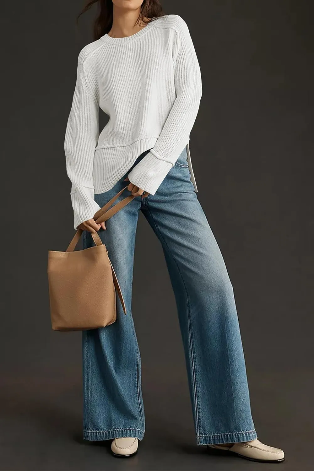 Cakulo Womens Fall 2024 Knit Crew Neck Pullover Sweaters Oversized Long Sleeve Split Casual Winter Ribbed Sweater