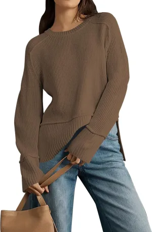Cakulo Womens Fall 2024 Knit Crew Neck Pullover Sweaters Oversized Long Sleeve Split Casual Winter Ribbed Sweater