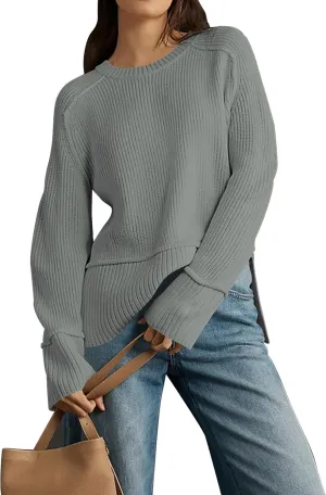 Cakulo Womens Fall 2024 Knit Crew Neck Pullover Sweaters Oversized Long Sleeve Split Casual Winter Ribbed Sweater