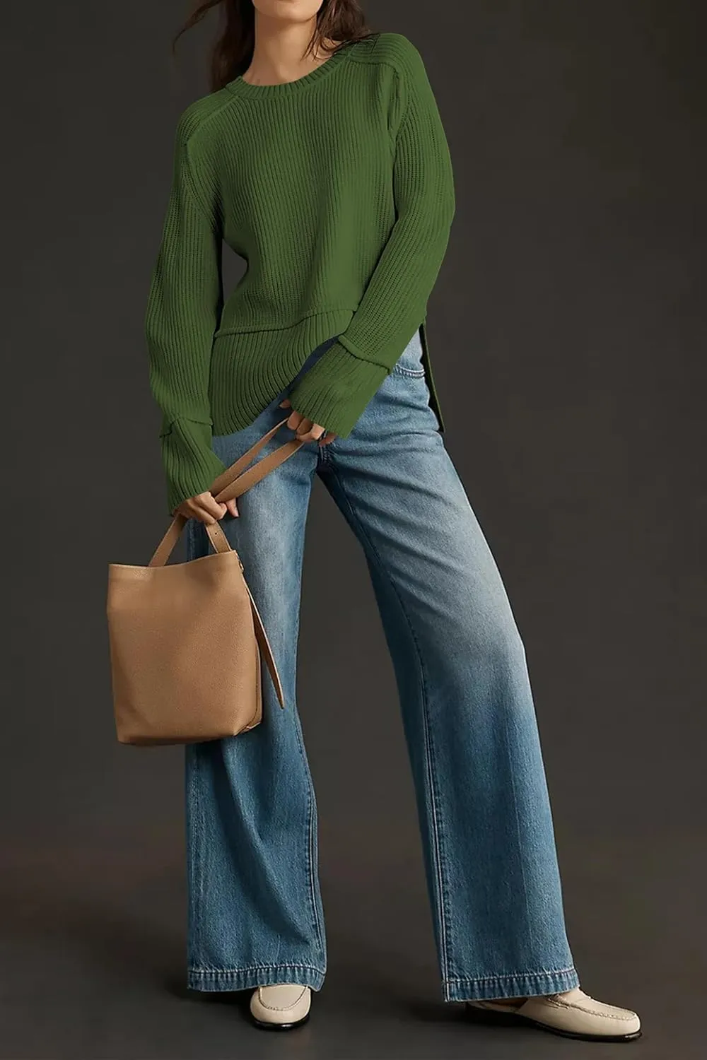 Cakulo Womens Fall 2024 Knit Crew Neck Pullover Sweaters Oversized Long Sleeve Split Casual Winter Ribbed Sweater