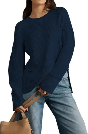 Cakulo Womens Fall 2024 Knit Crew Neck Pullover Sweaters Oversized Long Sleeve Split Casual Winter Ribbed Sweater