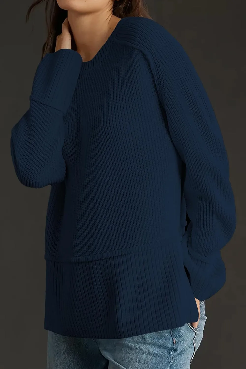 Cakulo Womens Fall 2024 Knit Crew Neck Pullover Sweaters Oversized Long Sleeve Split Casual Winter Ribbed Sweater