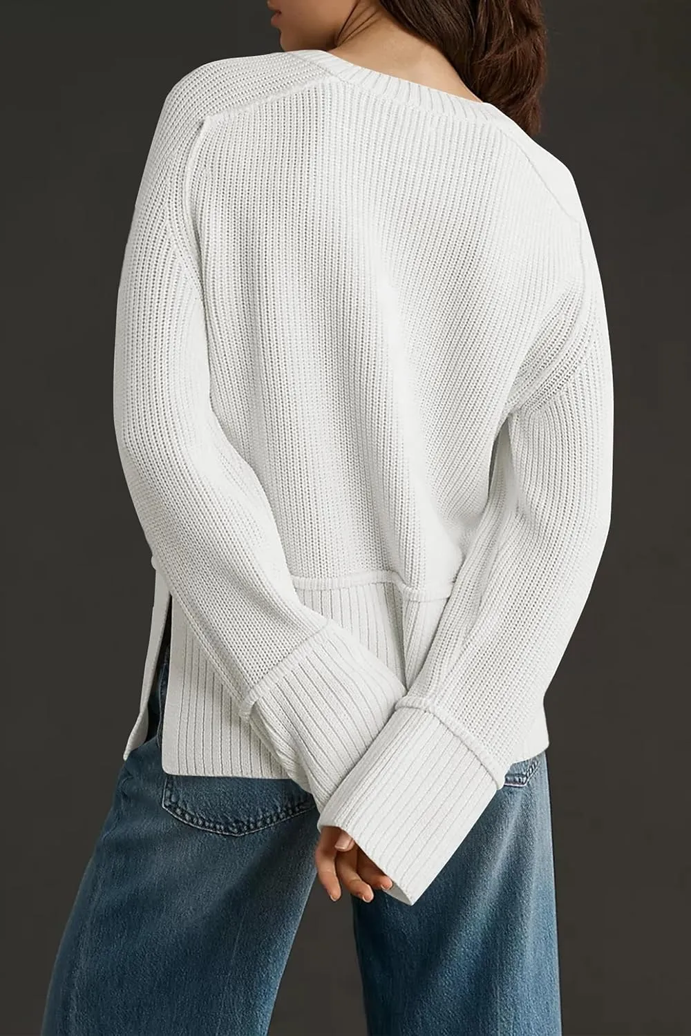 Cakulo Womens Fall 2024 Knit Crew Neck Pullover Sweaters Oversized Long Sleeve Split Casual Winter Ribbed Sweater