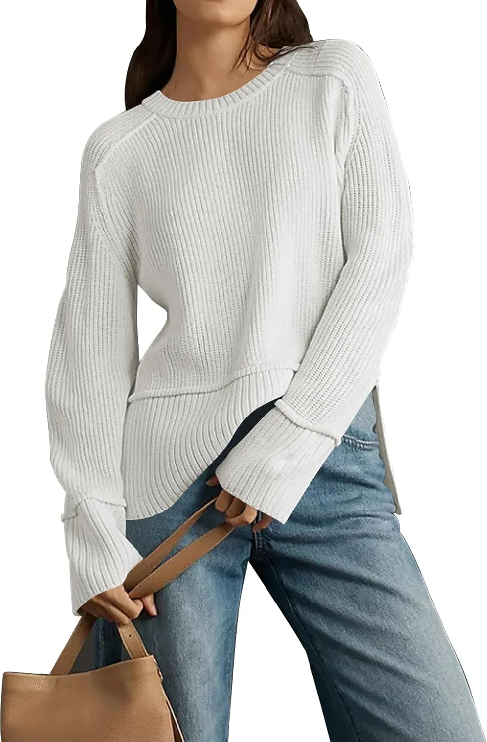 Cakulo Womens Fall 2024 Knit Crew Neck Pullover Sweaters Oversized Long Sleeve Split Casual Winter Ribbed Sweater