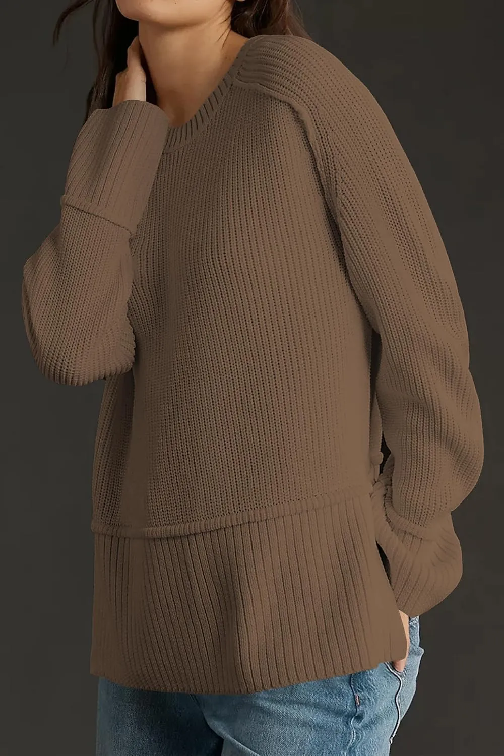 Cakulo Womens Fall 2024 Knit Crew Neck Pullover Sweaters Oversized Long Sleeve Split Casual Winter Ribbed Sweater