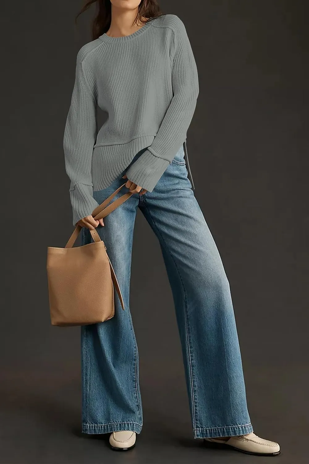 Cakulo Womens Fall 2024 Knit Crew Neck Pullover Sweaters Oversized Long Sleeve Split Casual Winter Ribbed Sweater