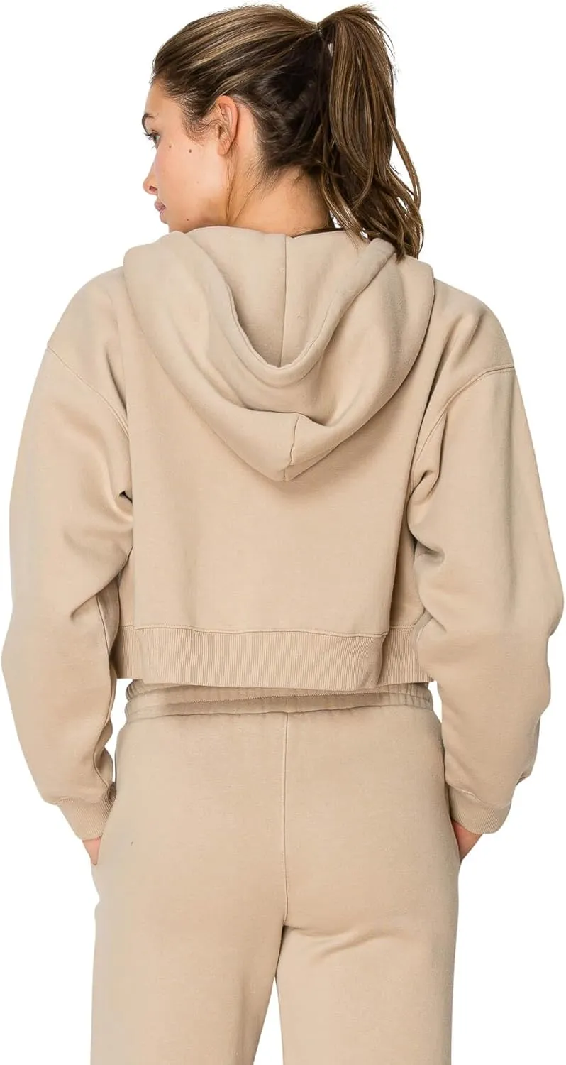 Cali1850 Women's Cloud Nine Fleece Cropped Zip Hoodie – Relaxed Boyfriend Fit, Double-Layer Hood, Ribbed Cuffs and Hem