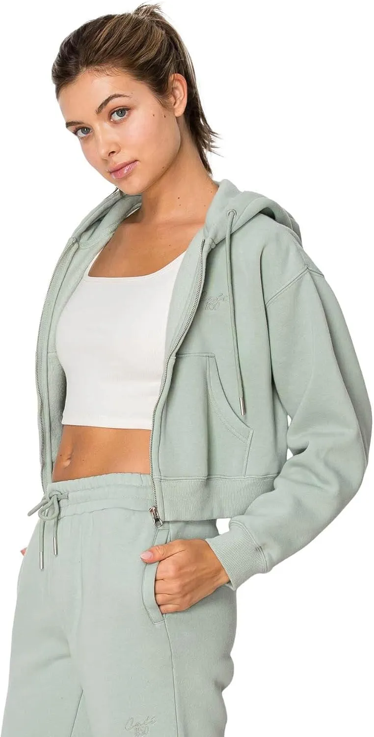 Cali1850 Women's Cloud Nine Fleece Cropped Zip Hoodie – Relaxed Boyfriend Fit, Double-Layer Hood, Ribbed Cuffs and Hem