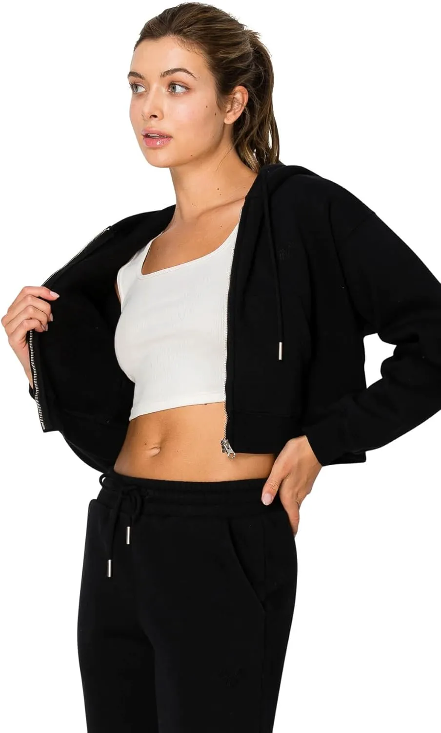 Cali1850 Women's Cloud Nine Fleece Cropped Zip Hoodie – Relaxed Boyfriend Fit, Double-Layer Hood, Ribbed Cuffs and Hem