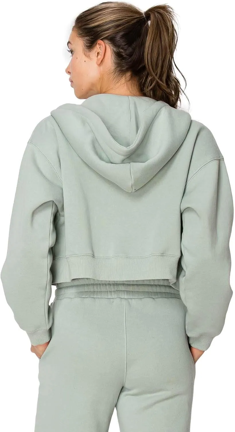 Cali1850 Women's Cloud Nine Fleece Cropped Zip Hoodie – Relaxed Boyfriend Fit, Double-Layer Hood, Ribbed Cuffs and Hem