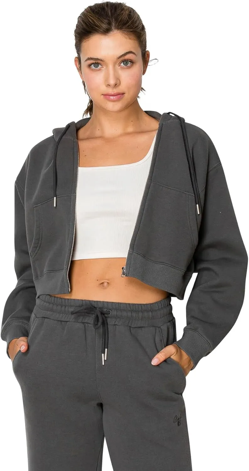 Cali1850 Women's Cloud Nine Fleece Cropped Zip Hoodie – Relaxed Boyfriend Fit, Double-Layer Hood, Ribbed Cuffs and Hem