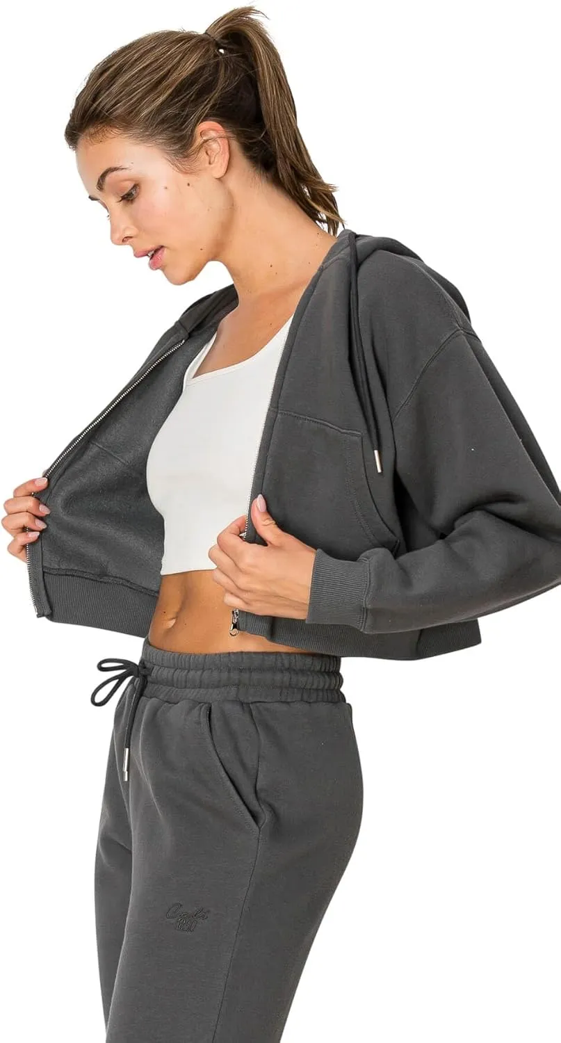 Cali1850 Women's Cloud Nine Fleece Cropped Zip Hoodie – Relaxed Boyfriend Fit, Double-Layer Hood, Ribbed Cuffs and Hem