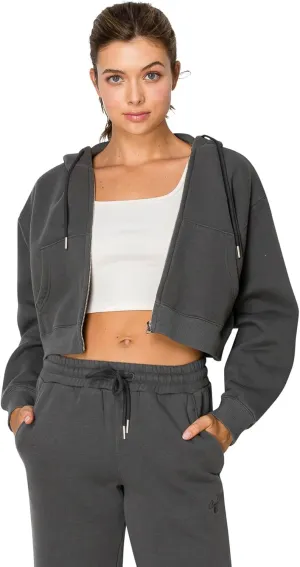 Cali1850 Women's Cloud Nine Fleece Cropped Zip Hoodie – Relaxed Boyfriend Fit, Double-Layer Hood, Ribbed Cuffs and Hem