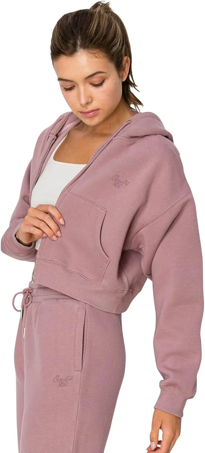 Cali1850 Women's Cloud Nine Fleece Cropped Zip Hoodie – Relaxed Boyfriend Fit, Double-Layer Hood, Ribbed Cuffs and Hem