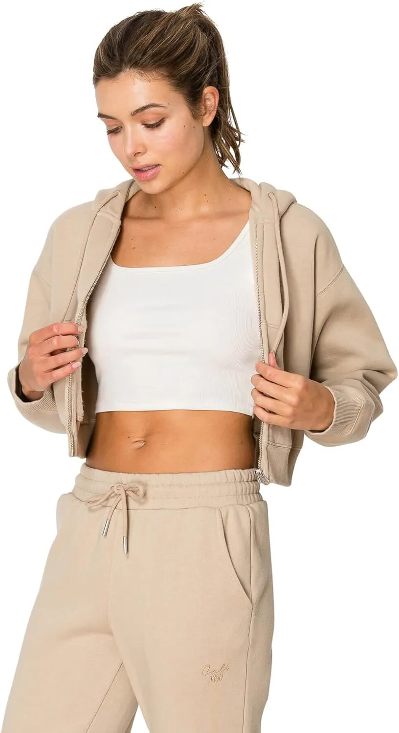 Cali1850 Women's Cloud Nine Fleece Cropped Zip Hoodie – Relaxed Boyfriend Fit, Double-Layer Hood, Ribbed Cuffs and Hem