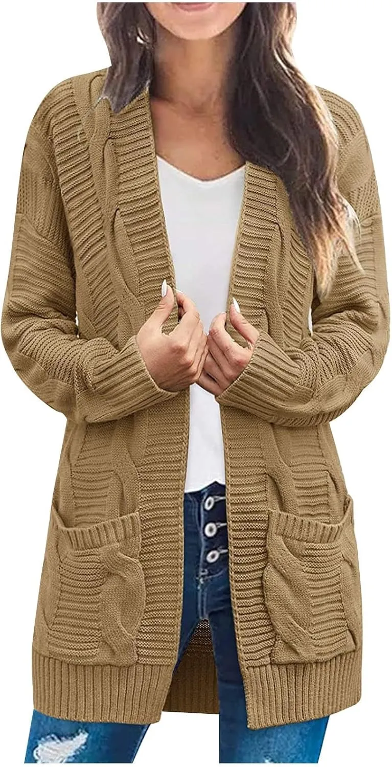 Cardigan Sweaters for Women Long Sleeve Open Front Cable Knit Cardigan with Pockets Casual Cozy Knit Sweater Coats