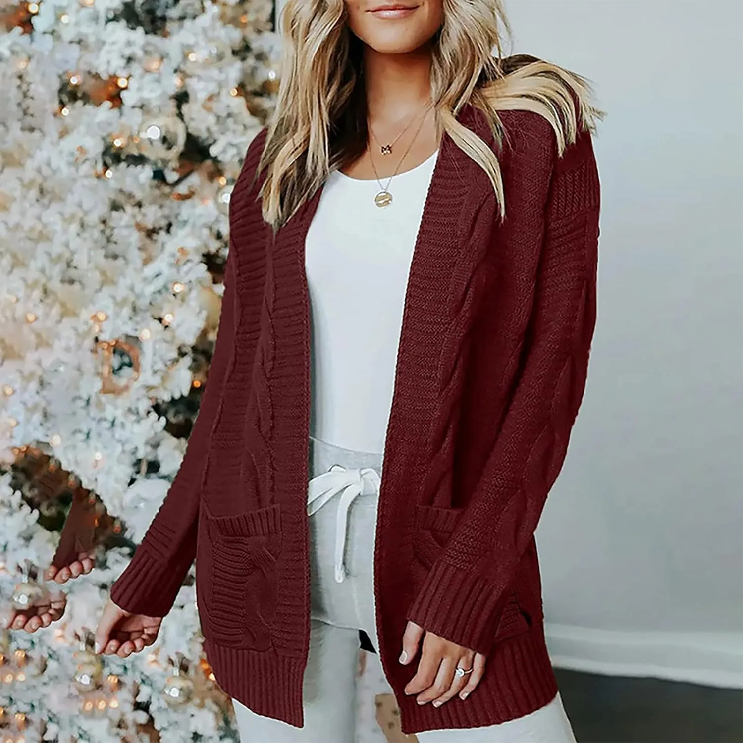 Cardigan Sweaters for Women Long Sleeve Open Front Cable Knit Cardigan with Pockets Casual Cozy Knit Sweater Coats