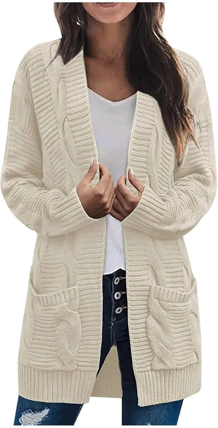 Cardigan Sweaters for Women Long Sleeve Open Front Cable Knit Cardigan with Pockets Casual Cozy Knit Sweater Coats