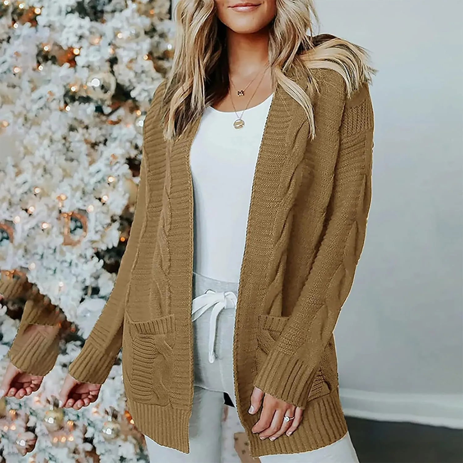 Cardigan Sweaters for Women Long Sleeve Open Front Cable Knit Cardigan with Pockets Casual Cozy Knit Sweater Coats
