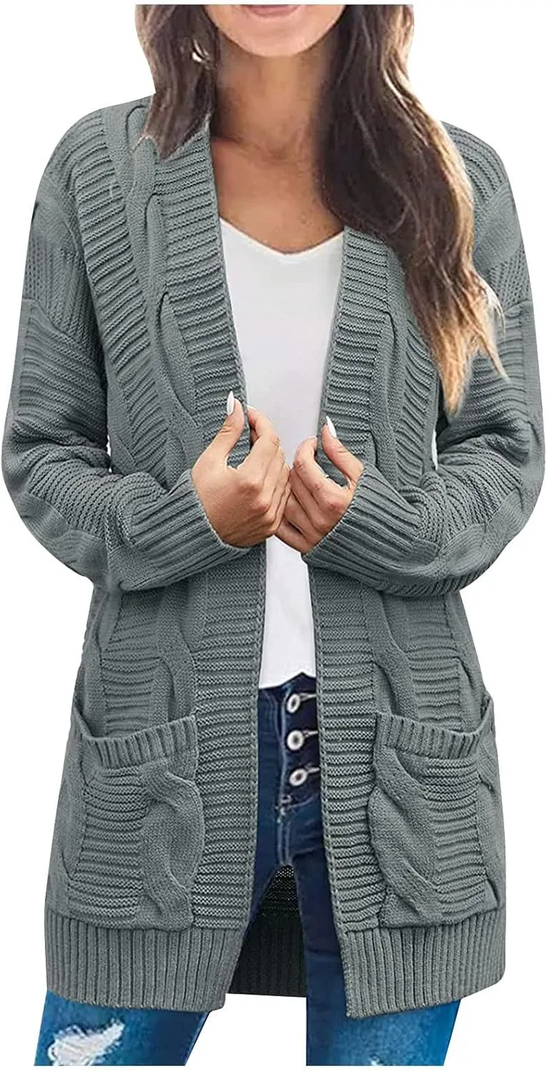 Cardigan Sweaters for Women Long Sleeve Open Front Cable Knit Cardigan with Pockets Casual Cozy Knit Sweater Coats
