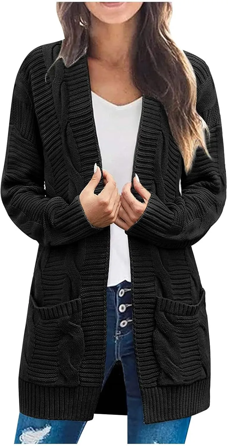 Cardigan Sweaters for Women Long Sleeve Open Front Cable Knit Cardigan with Pockets Casual Cozy Knit Sweater Coats