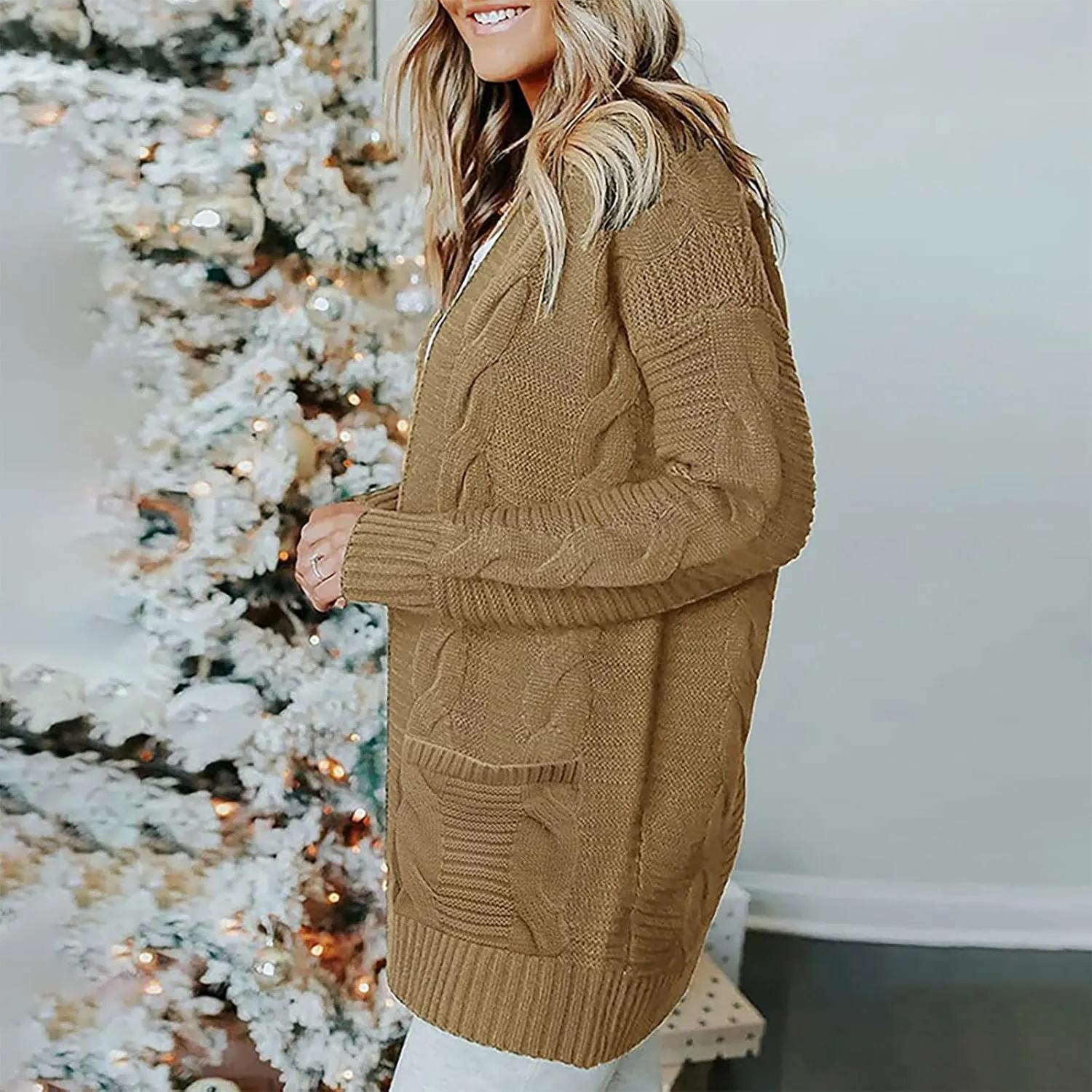 Cardigan Sweaters for Women Long Sleeve Open Front Cable Knit Cardigan with Pockets Casual Cozy Knit Sweater Coats