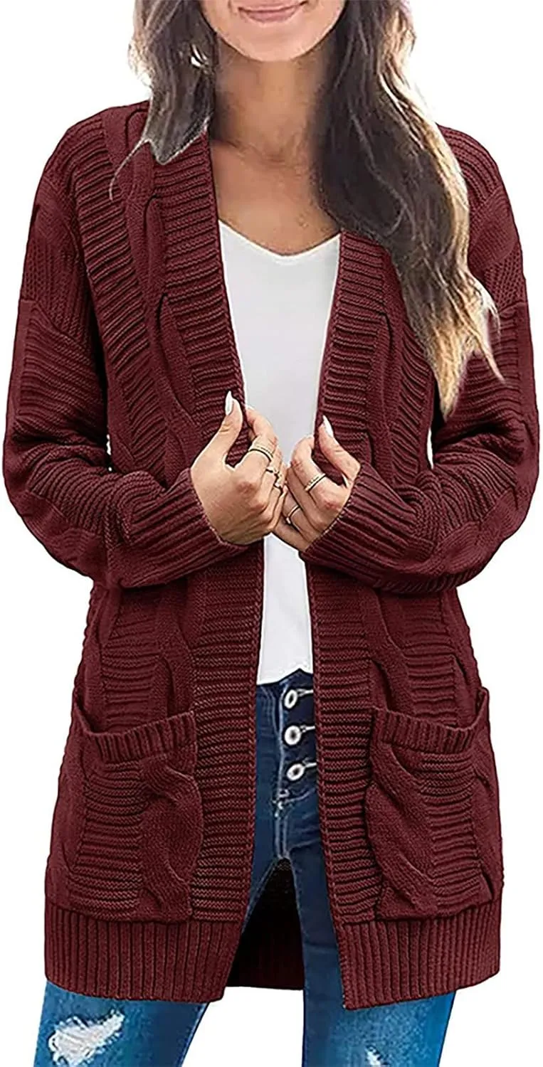 Cardigan Sweaters for Women Long Sleeve Open Front Cable Knit Cardigan with Pockets Casual Cozy Knit Sweater Coats