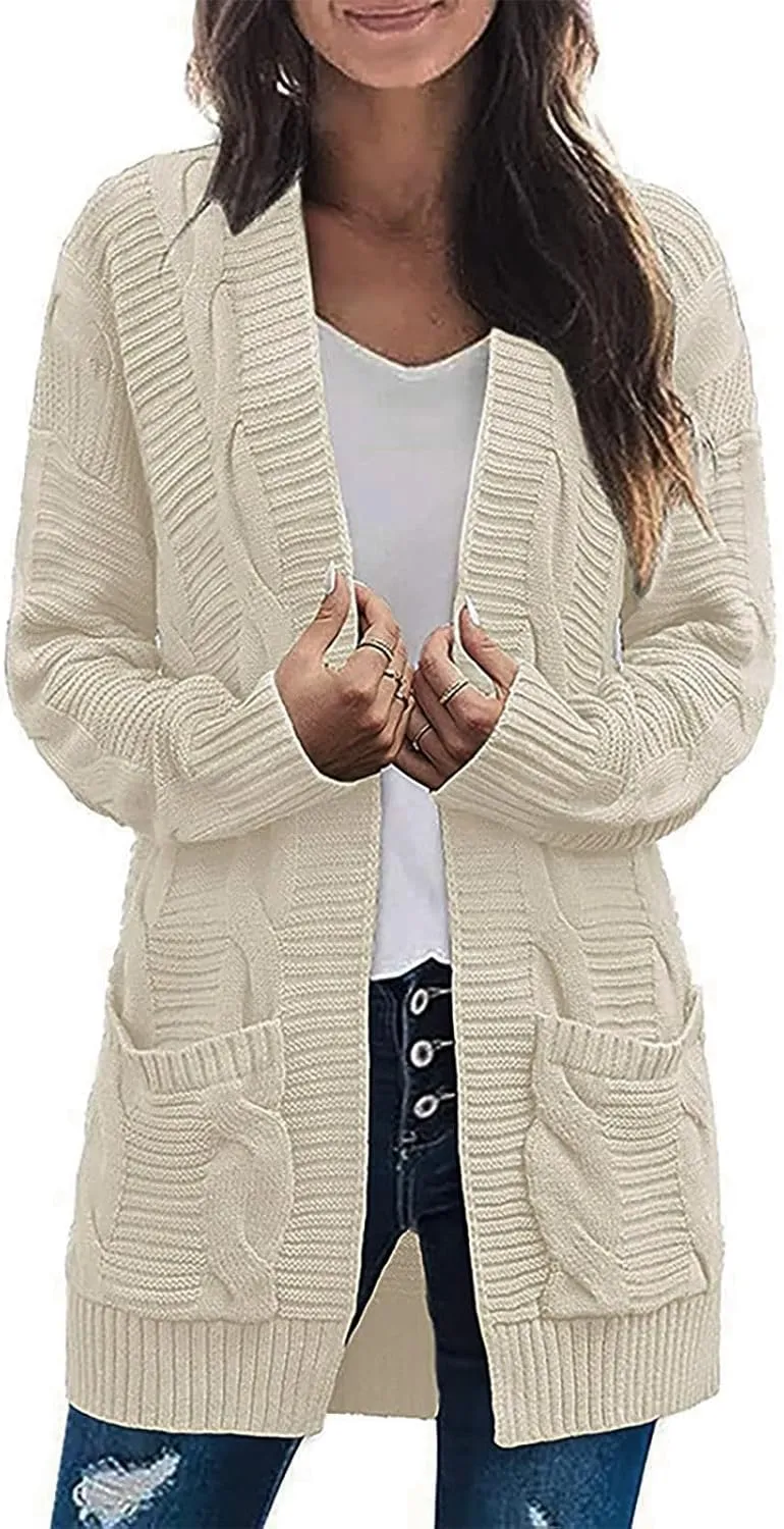 Cardigan Sweaters for Women Long Sleeve Open Front Cable Knit Cardigan with Pockets Casual Cozy Knit Sweater Coats