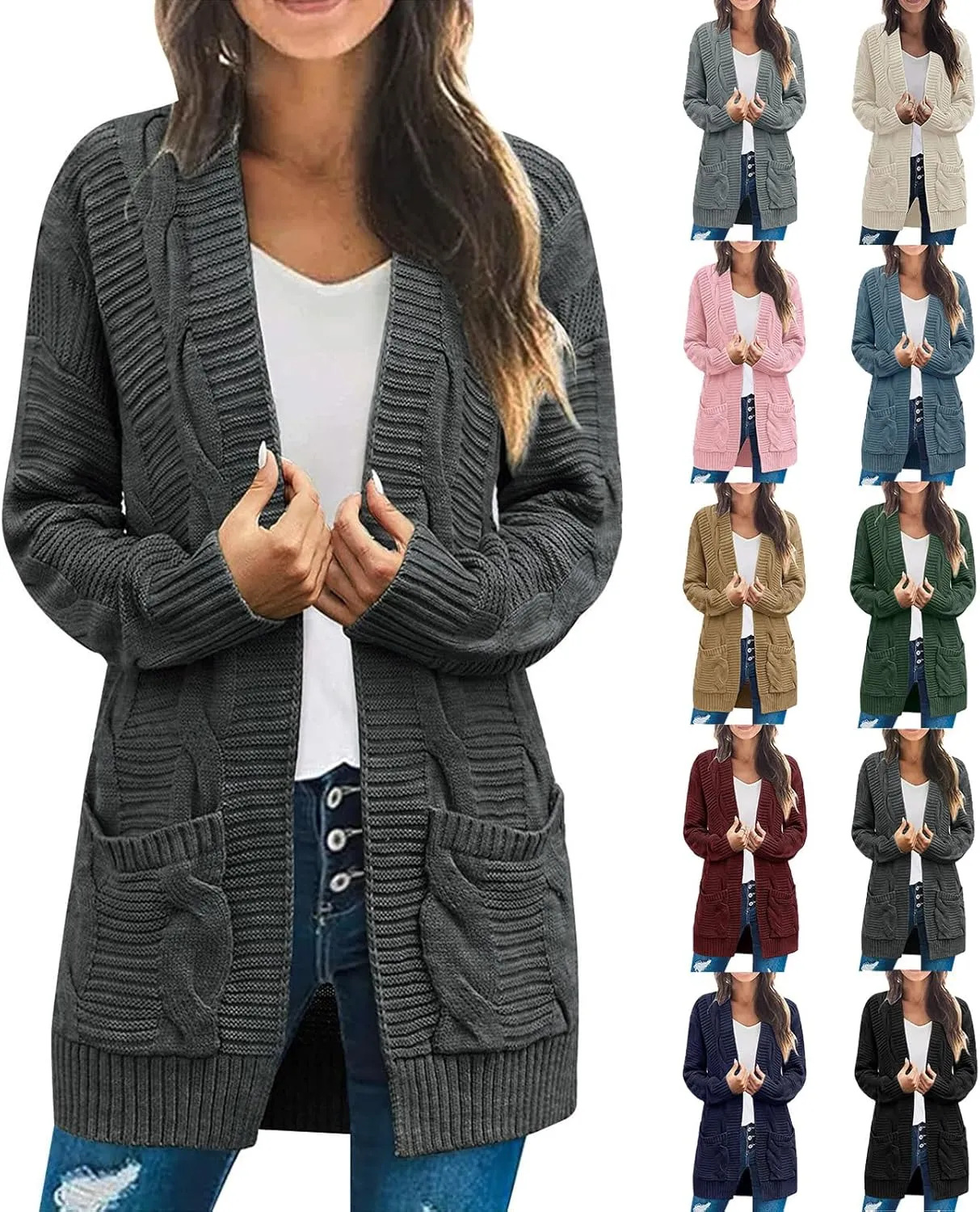 Cardigan Sweaters for Women Long Sleeve Open Front Cable Knit Cardigan with Pockets Casual Cozy Knit Sweater Coats