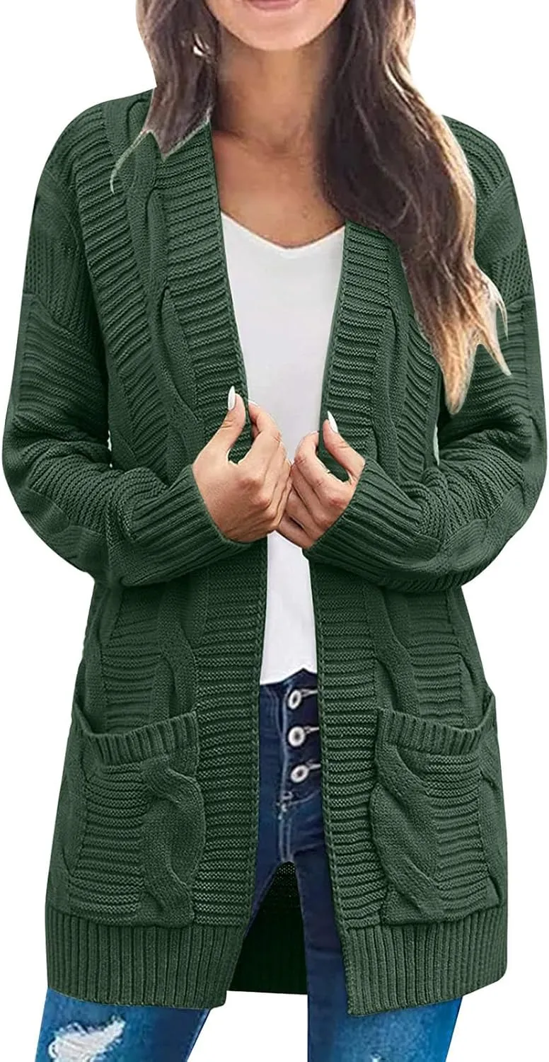 Cardigan Sweaters for Women Long Sleeve Open Front Cable Knit Cardigan with Pockets Casual Cozy Knit Sweater Coats