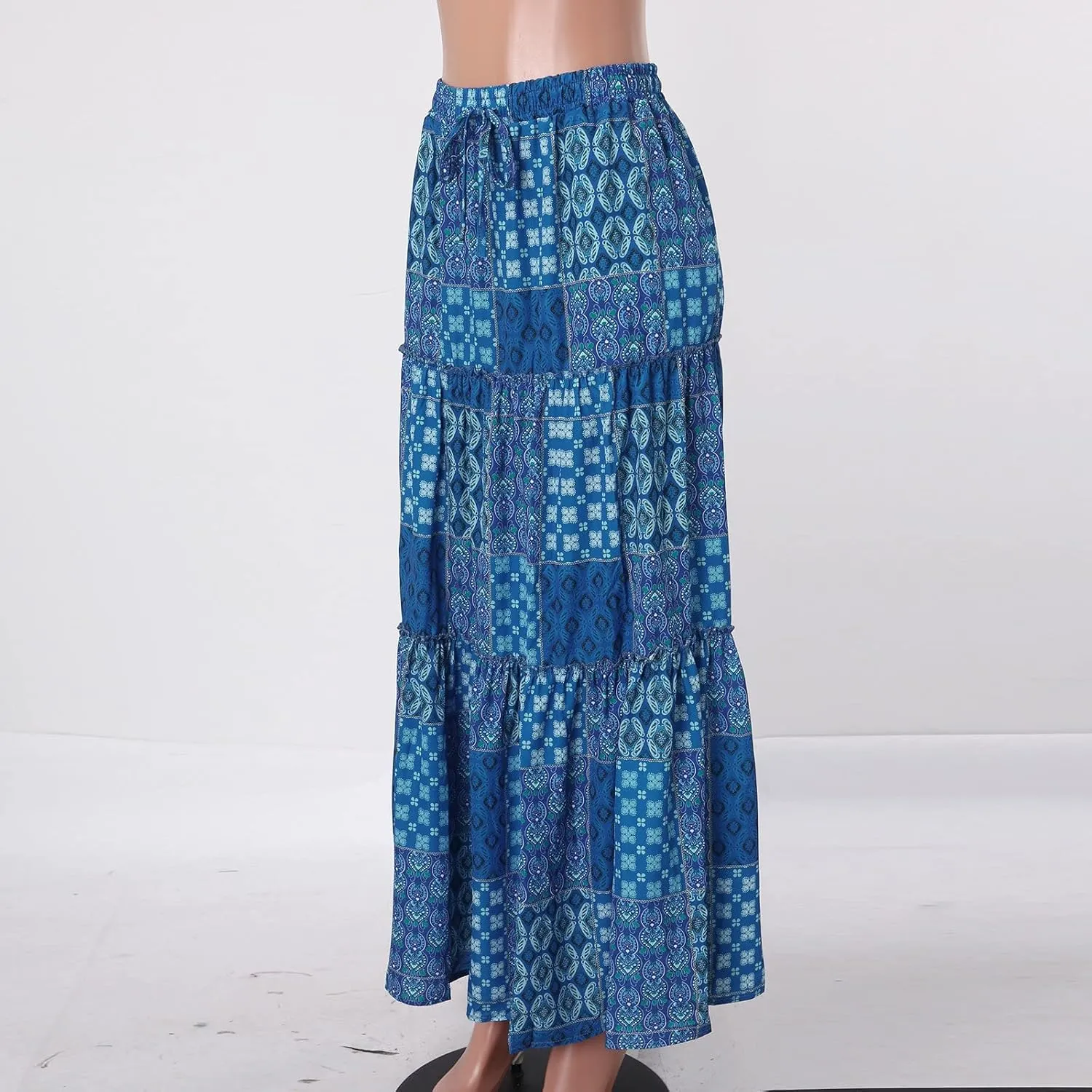 Casual Summer Boho Maxi Skirts for Women High Waist Floral Print Tiered Ruffle Flowy Elastic Waist Beach Long Skirt