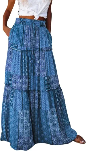 Casual Summer Boho Maxi Skirts for Women High Waist Floral Print Tiered Ruffle Flowy Elastic Waist Beach Long Skirt