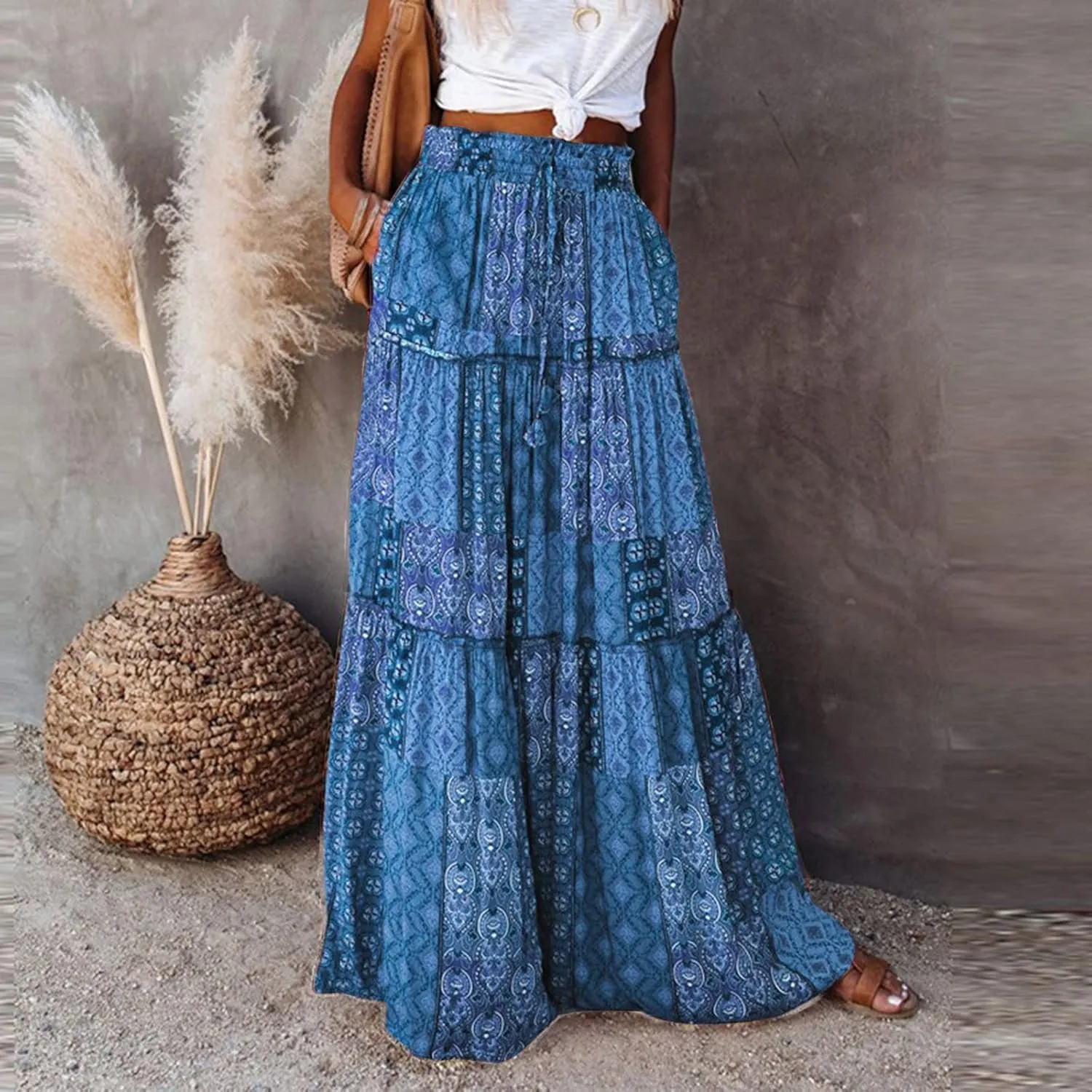 Casual Summer Boho Maxi Skirts for Women High Waist Floral Print Tiered Ruffle Flowy Elastic Waist Beach Long Skirt