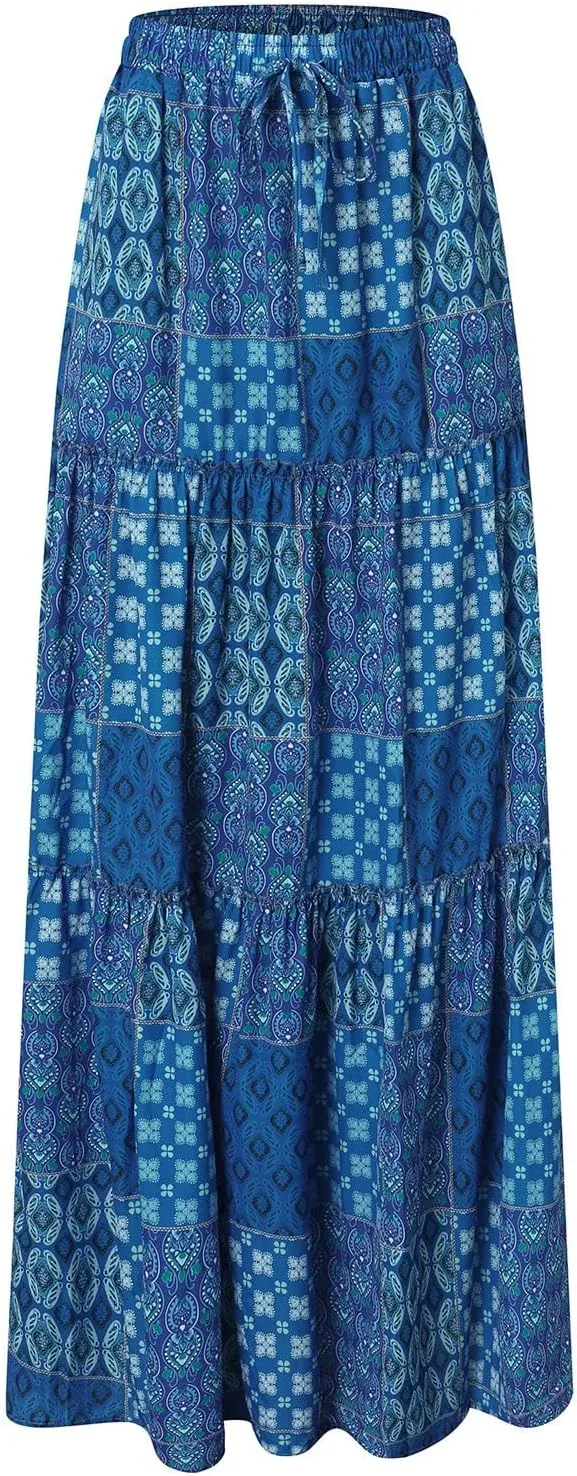Casual Summer Boho Maxi Skirts for Women High Waist Floral Print Tiered Ruffle Flowy Elastic Waist Beach Long Skirt