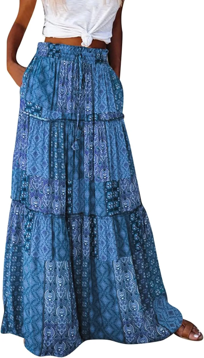 Casual Summer Boho Maxi Skirts for Women High Waist Floral Print Tiered Ruffle Flowy Elastic Waist Beach Long Skirt