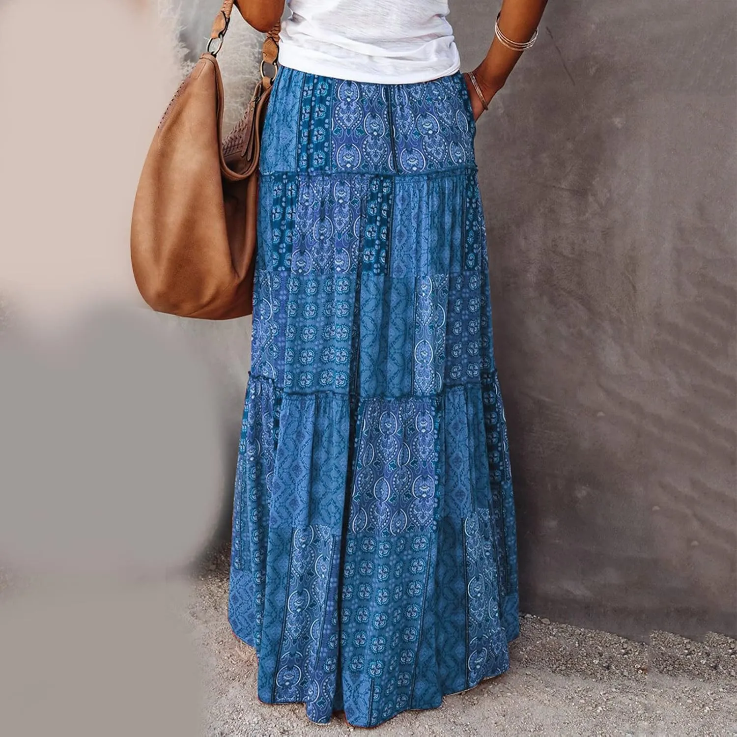 Casual Summer Boho Maxi Skirts for Women High Waist Floral Print Tiered Ruffle Flowy Elastic Waist Beach Long Skirt