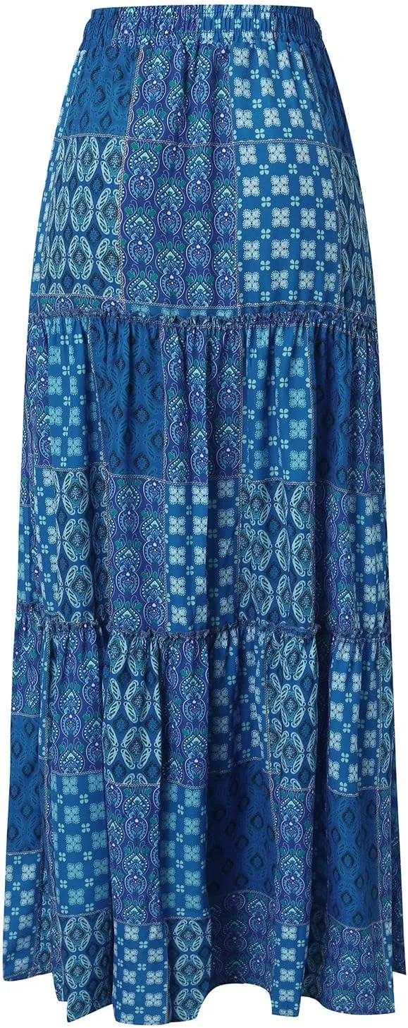Casual Summer Boho Maxi Skirts for Women High Waist Floral Print Tiered Ruffle Flowy Elastic Waist Beach Long Skirt