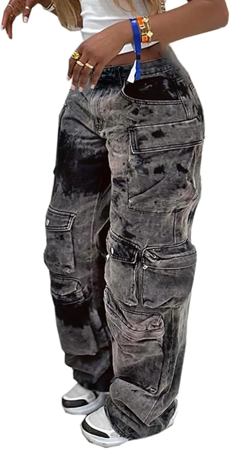 cffvdiz Women's High Waisted Baggy Cargo Denim Pants Distressed Multi-Pocket Straight Leg Jeans