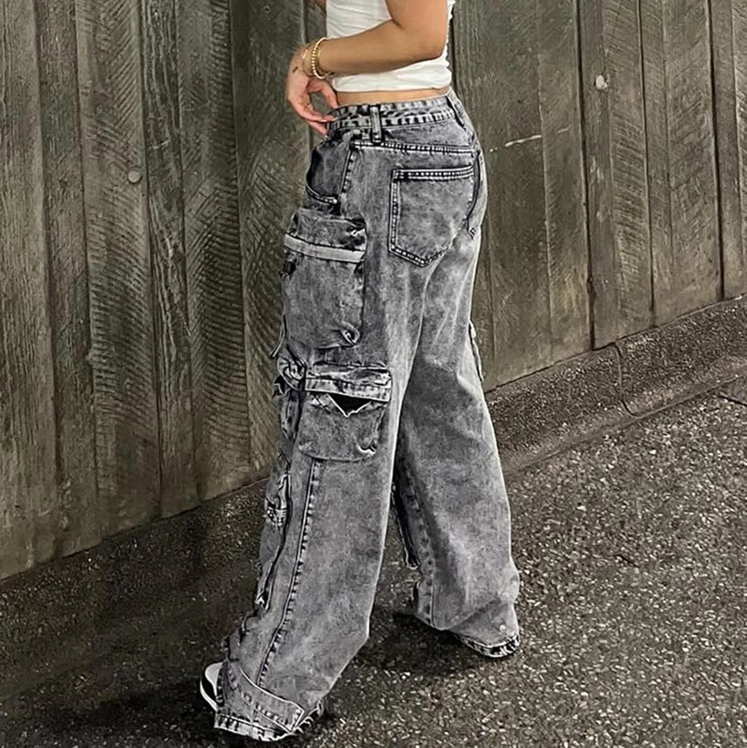 cffvdiz Women's High Waisted Baggy Cargo Denim Pants Distressed Multi-Pocket Straight Leg Jeans