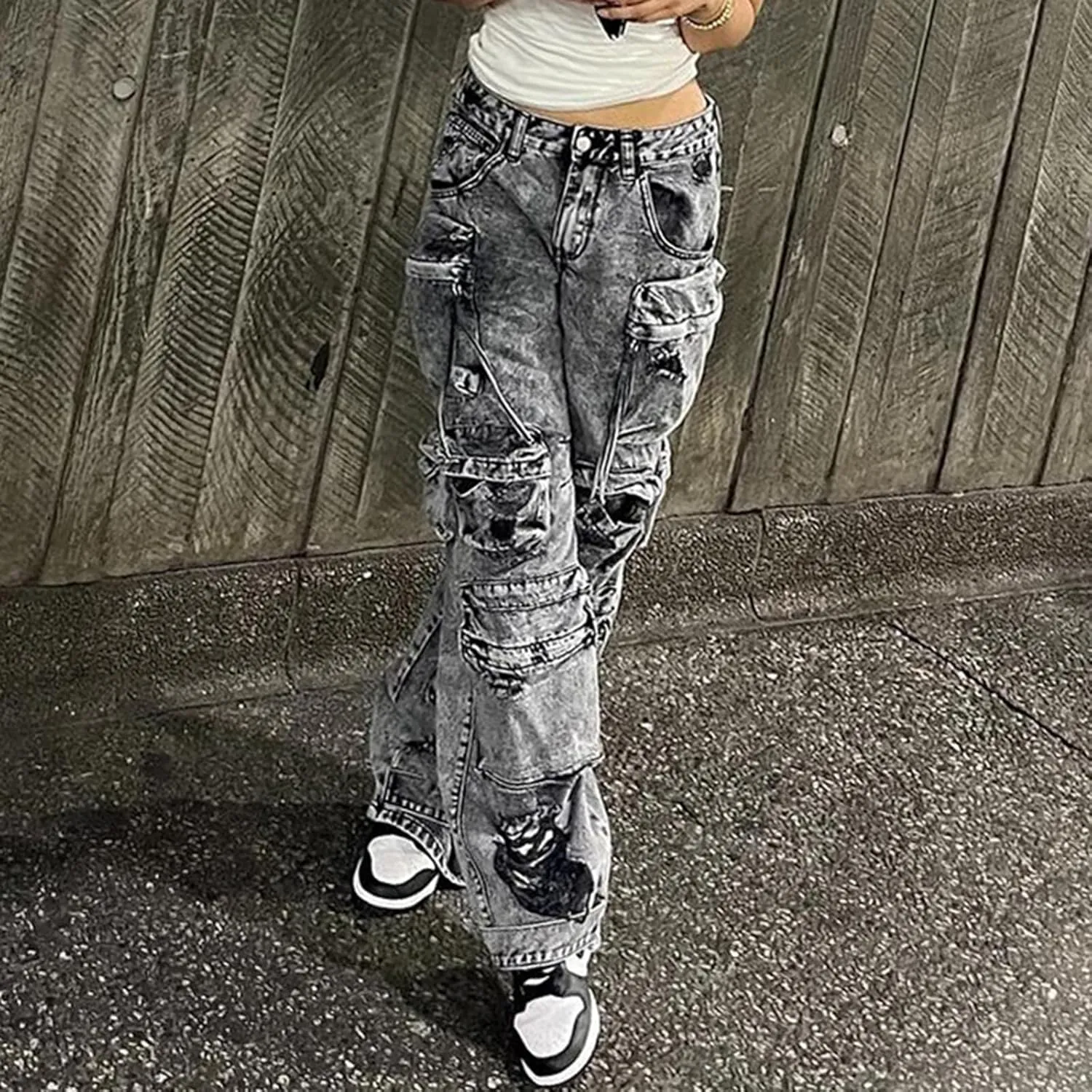 cffvdiz Women's High Waisted Baggy Cargo Denim Pants Distressed Multi-Pocket Straight Leg Jeans