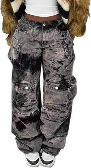 cffvdiz Women's High Waisted Baggy Cargo Denim Pants Distressed Multi-Pocket Straight Leg Jeans