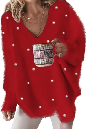 ChicMe Womens Cozy Sweaters V-Neck Beaded Decor Oversized Fuzzy Sweater Fluffy Pullover Top Winter Jumpers