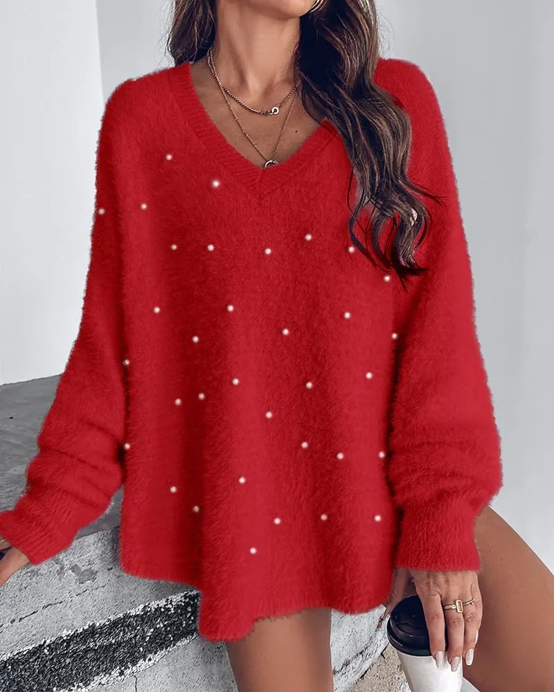 ChicMe Womens Cozy Sweaters V-Neck Beaded Decor Oversized Fuzzy Sweater Fluffy Pullover Top Winter Jumpers