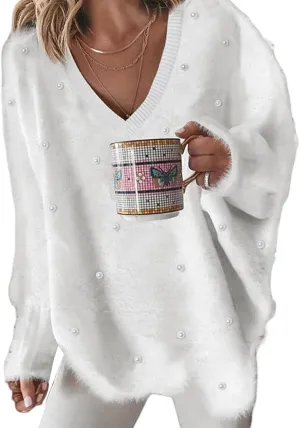 ChicMe Womens Cozy Sweaters V-Neck Beaded Decor Oversized Fuzzy Sweater Fluffy Pullover Top Winter Jumpers